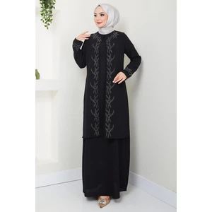 Hafsa Mina Zarif Taş Detaylı Büyük Beden Anne Elbisesi Siyah HM2427