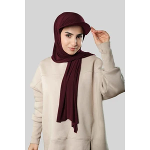 Hürrem Bone Bordo Pratik Hazır Geçmeli Şapkalı Tesettür Şal Sandy Düz 3008_16
