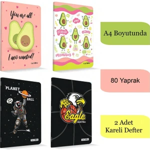 A4 80 Yaprak Karton Kapak Dikişli Defter Kareli 2 Adet