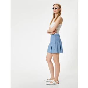 Mini Şort Etek Keten Karışımlı Pileli Düğme Detaylı Fermuarlı