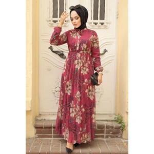 Neva Style Çiçek Desenli Vişne Tesettür Elbise 50355VSN