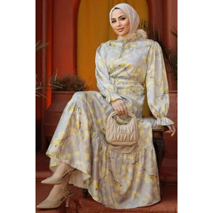 Neva Style Çiçek Desenli Hardal Tesettür Elbise 60901HR