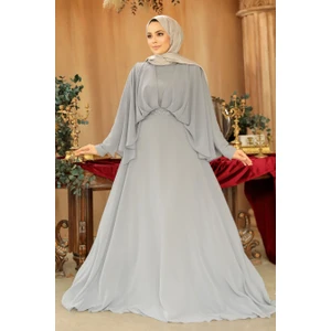 Drape Detaylı Gri Tesettür Abiye Elbise 25891GR
