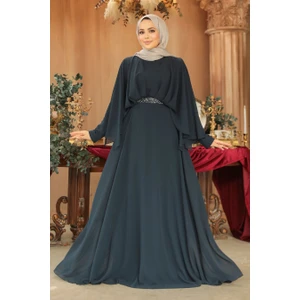 Drape Detaylı Lacivert Tesettür Abiye Elbise 25891L