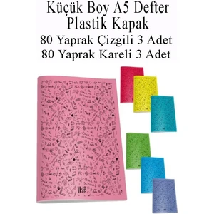 Defter Plastik Kapak A5 80 Yaprak Çizgili 3 Adet ve 80 Yaprak Kareli 3 Adet Küçük Boy Defter