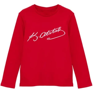 Pamuklu Beyaz Atatürk Imza Baskılı Kırmızı Uzun Kollu Çocuk Tişörtü
