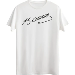 %100 Pamuklu Siyah Atatürk Imza Baskılı Beyaz Kısa Kollu  Tişört