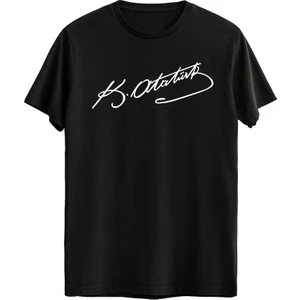 %100 Pamuklu Beyaz Atatürk Imza Baskılı Siyah Kısa Kollu  Tişört