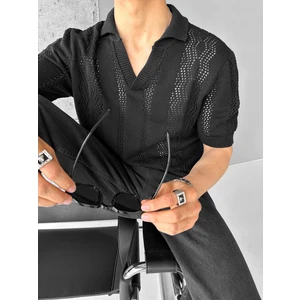 Abluka Online Oversize Yarım Pat Gömlek Yaka Desenli Örme T-Shirt Siyah