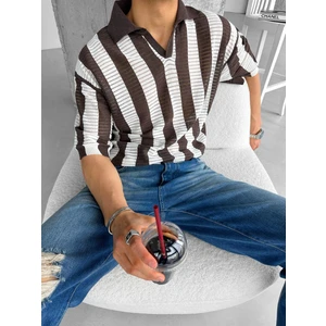 Abluka Online Oversize Yarım Pat Yaka Fileli Triko T-Shirt Kahverengi
