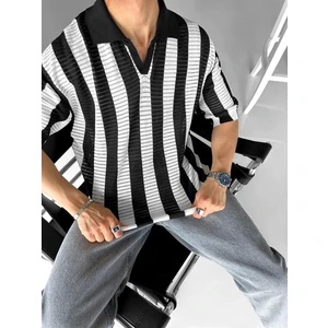 Abluka Online Oversize Yarım Pat Yaka Fileli Triko T-Shirt Siyah