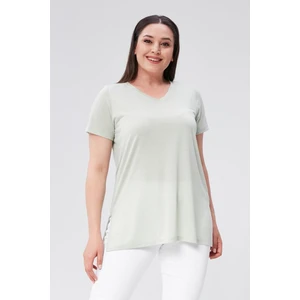 Sea Moda Büyük Beden V Yaka Yırtmaçlı Pamuk Basic Tshirt-Nil Yeşili