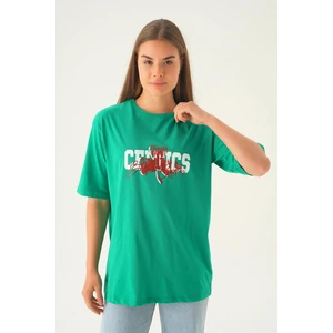 1701 Celtıcs Baskı Oversize Tshırt Benetton Yeşili
