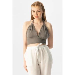 Eliş Şile Bezi Göcek Bağlama Detaylı Yazlık Müslin Büstiyer Gri Gri