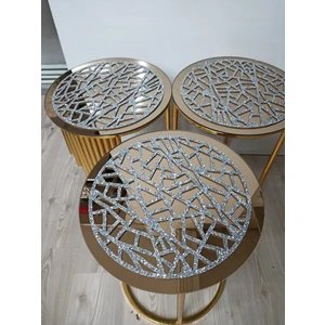 Sehara Home 3 Adet / Zigon Sehpa Örtüsü / 33 cm  Yuvarlak / Simli Işıltılı Suni Deri
