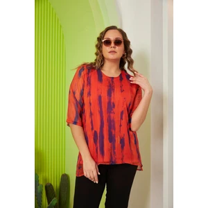 Desenli Büyük Beden Oranj Şifon Bluz
