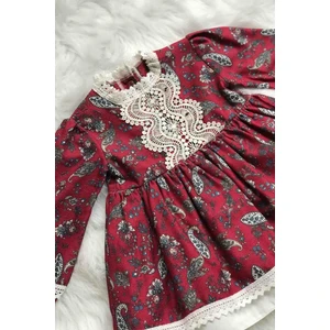Bertuğ Bebek Dantel Detaylı Şal Desenli Bordo Kız Çocuk Bebek Tasarım Elbise