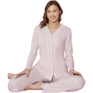 Tarık Kadın Pembe Viskon Uzun Kollu Düğmeli Güpürlü Pijama Takımı 6100-9