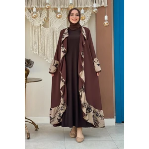 Bym Fashion Çiçek Desenli Fırfırlı Abaya 7908 Kahverengi