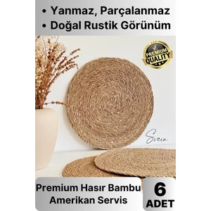 6'lı Premium Yuvarlak Hasır Bambu Amerikan Servis Örme Supla Sofra Yemek Masası Yanmaz Tabak Altlığı