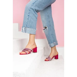 Ottavia  Kadın Terlik Üç Bantlı Taşlı  Kalın Topuklu Fuşya Deri