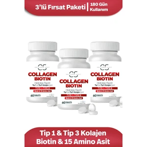 Collagen Soft 3'Lü Fırsat Hidrolize Tip 1, Tip 3 Kolajen Peptitler, Biotin Ve 15 Amino Asit Içeren 60 Tablet