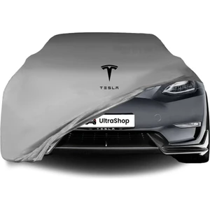 Tesla Model Y (2020-) Araba Brandası Logolu Kumaş Gri Penye Oto Branda