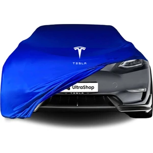 Tesla Model Y (2020-) Araba Brandası Logolu Mavi Kumaş Penye Oto Branda