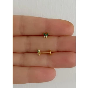 Ares Collection 1 Adet Yeşil  Zirkon Taşlı Kelebek Arkası Düz Önden Takmalı Tragus  Kıkırdak Uyumlu Piercing Küpe