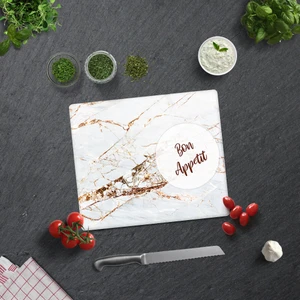 Bon Appetit | Gold Detaylı Beyaz Mermer | Cam Kesme Tahtası - Cam Kesme Tablası| 29cm x 34cm