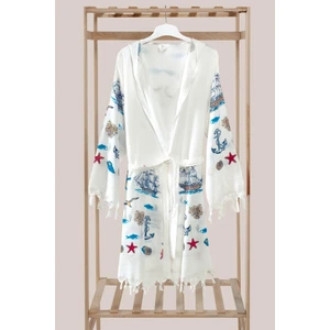 Marine Kapüşonlu Bambu Plaj Elbisesi Bornoz