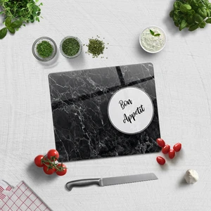 Bon Appetit | Siyah Mermer Görünümlü | Cam Kesme Tahtası - Cam Kesme Tablası | 29cm x 34cm
