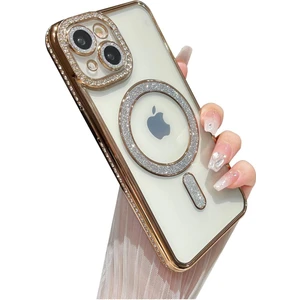 M.TK Moveteck Aplle Iphone 14 Kılıf Tam Kamera Korumalı Kenarları Swarovski Taşlı Parıltılı Simli Parlak Magsafe