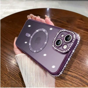 M.TK Moveteck Aplle Iphone 14 Kılıf Tam Kamera Korumalı Kenarları Swarovski Taşlı Parıltılı Simli Parlak Magsafe