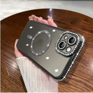 M.TK Moveteck Aplle Iphone 14 Kılıf Tam Kamera Korumalı Kenarları Swarovski Taşlı Parıltılı Simli Parlak Magsafe