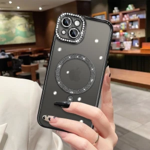 M.TK Moveteck Aplle Iphone 14 Kılıf Tam Kamera Korumalı Kenarları Swarovski Taşlı Parıltılı Simli Parlak Magsafe