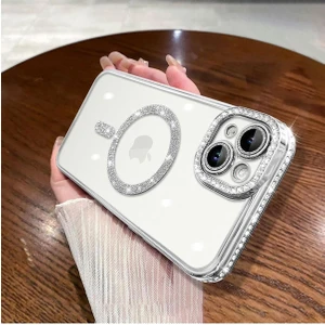 M.TK Moveteck Aplle Iphone 14 Kılıf Tam Kamera Korumalı Kenarları Swarovski Taşlı Parıltılı Simli Parlak Magsafe
