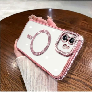 M.TK Moveteck Apple Iphone 11 Kılıf Tam Kamera Korumalı Kenarları Swarovski Taşlı Parıltılı Simli Parlak Magsafe