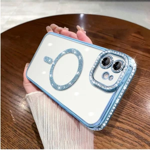 M.TK Moveteck Apple Iphone 11 Kılıf Tam Kamera Korumalı Kenarları Swarovski Taşlı Parıltılı Simli Parlak Magsafe