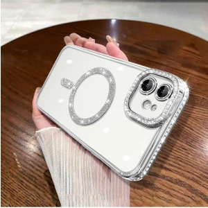 M.TK Moveteck Apple Iphone 11 Kılıf Tam Kamera Korumalı Kenarları Swarovski Taşlı Parıltılı Simli Parlak Magsafe