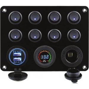 Işıklı Switch Panel, 8 Anahtarlı, Voltmetre ve USB Şarjlı