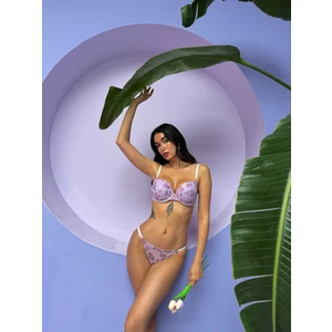 Simli Çiçek Desenli Destekli Lila Sütyen Takımı (683T)