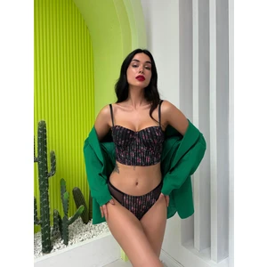 Simli Çiçek Desenli Destekli Siyah Bustiyer Takım (682T)