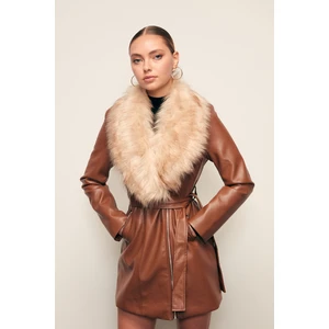Kürk Detaylı Deri Ceket - Kahve