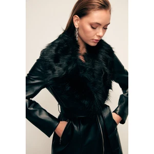 Kürk Detaylı Deri Ceket - Siyah