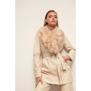 Kürk Detaylı Deri Ceket - Taş