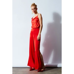 Yırtmaç Detaylı Saten Pantolon - Oranj