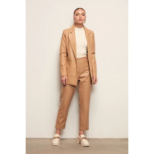 Pileli Deri Pantolon - Bej