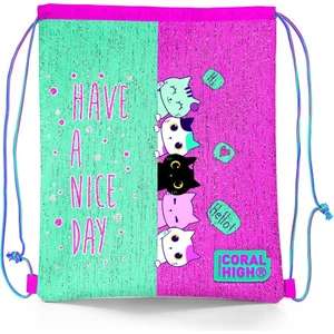 Coral High Kids Pembe Su Yeşili Kedi Desenli Ipli Büzgülü Sırt Çantası 22694