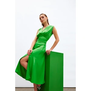 Yırtmaçlı Saten Etek - Yeşil